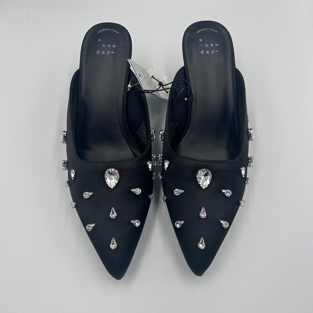 A New Day Katia Black Rhinestone Pointed Toe Kitten Heel Mules Size 8.5 NEW - Picture 2 of 5